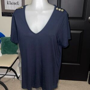 Chic Blue V-Neck Tee with Gold Button Details
